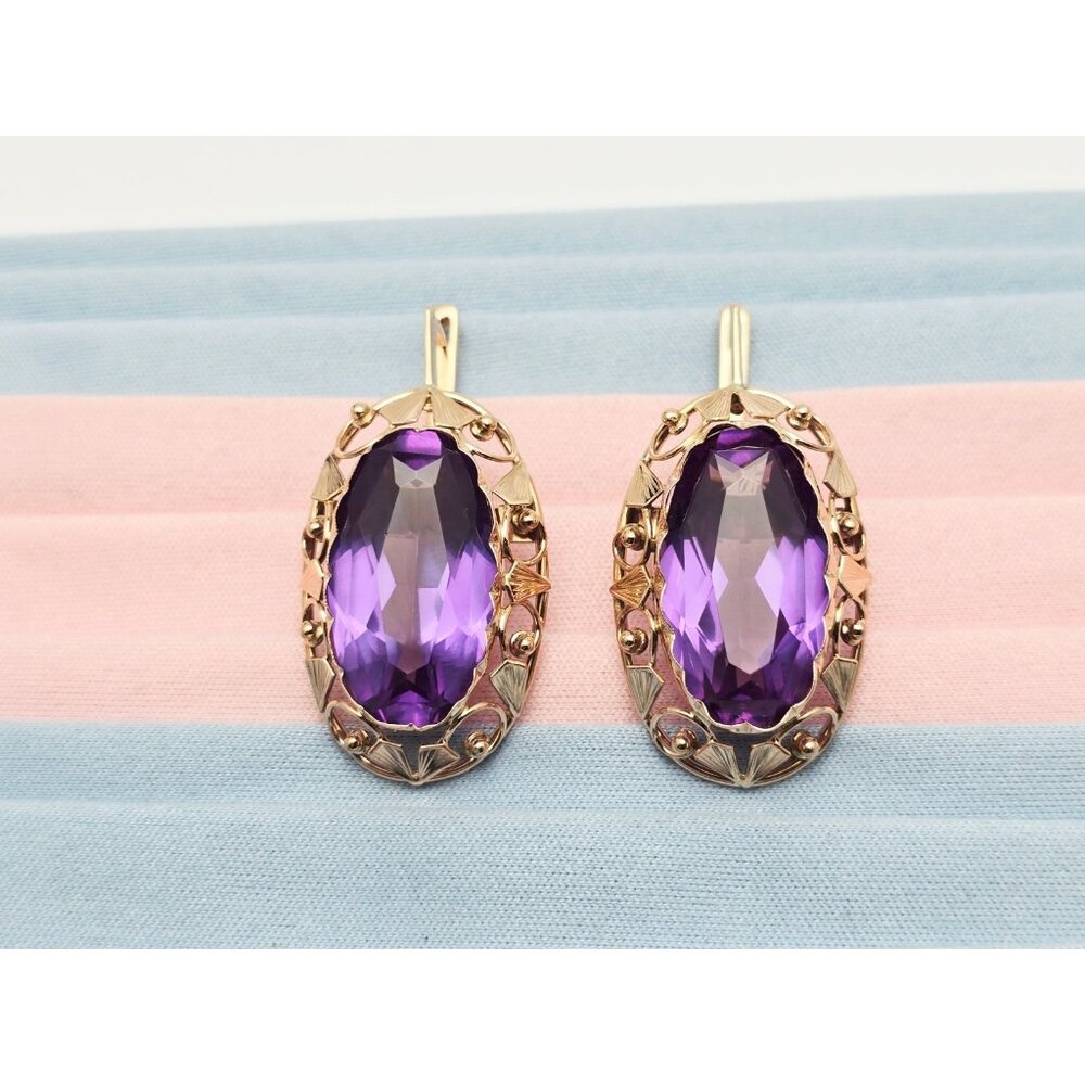 Vintage 14K Karat Solid Rose Gold Designer Amethyst Latch Back Hinge Earrings